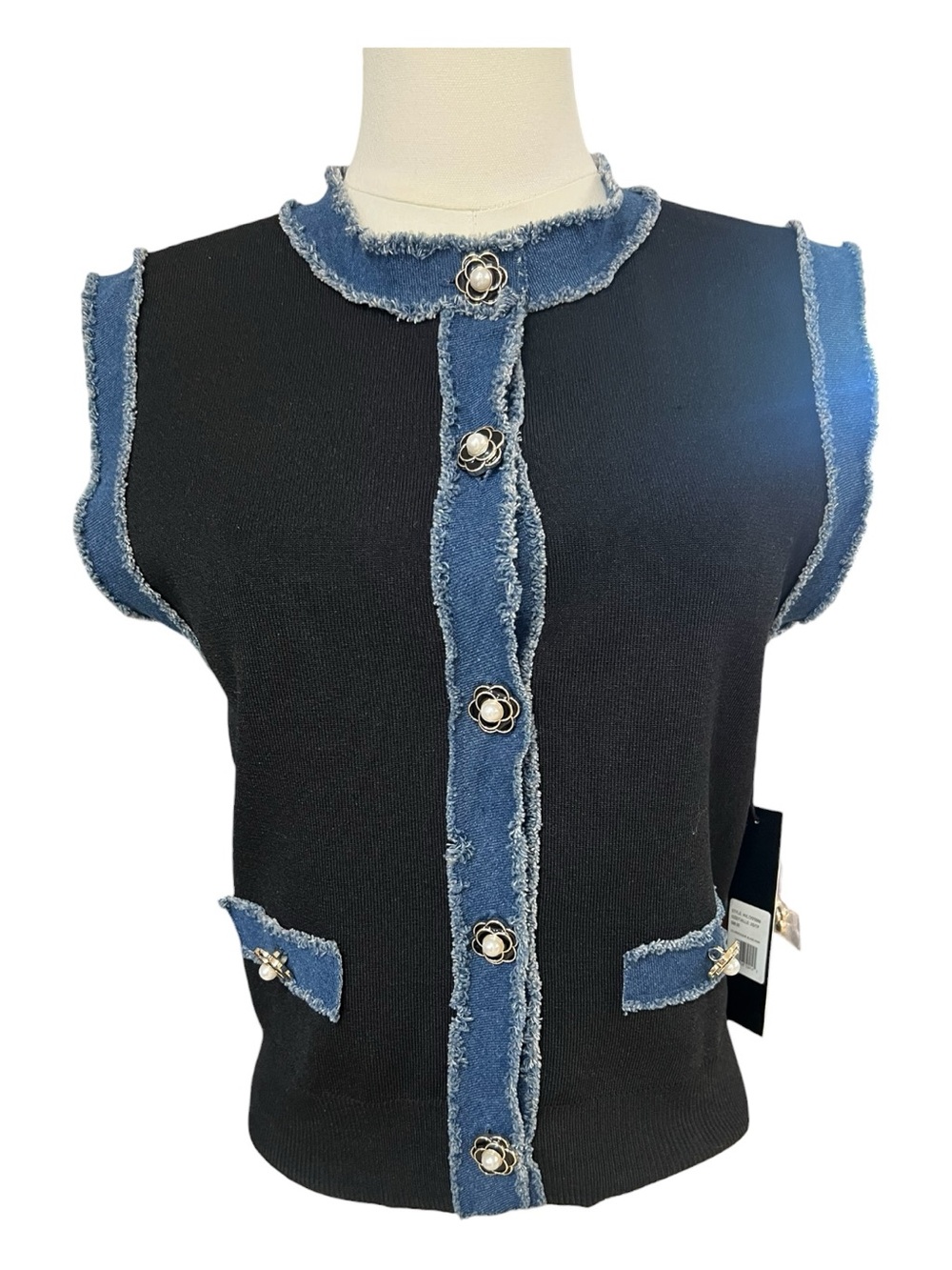 NWT NVLT Black Sweater Vest Frayed Denim Trim Pearl Floral Buttons | Size XS